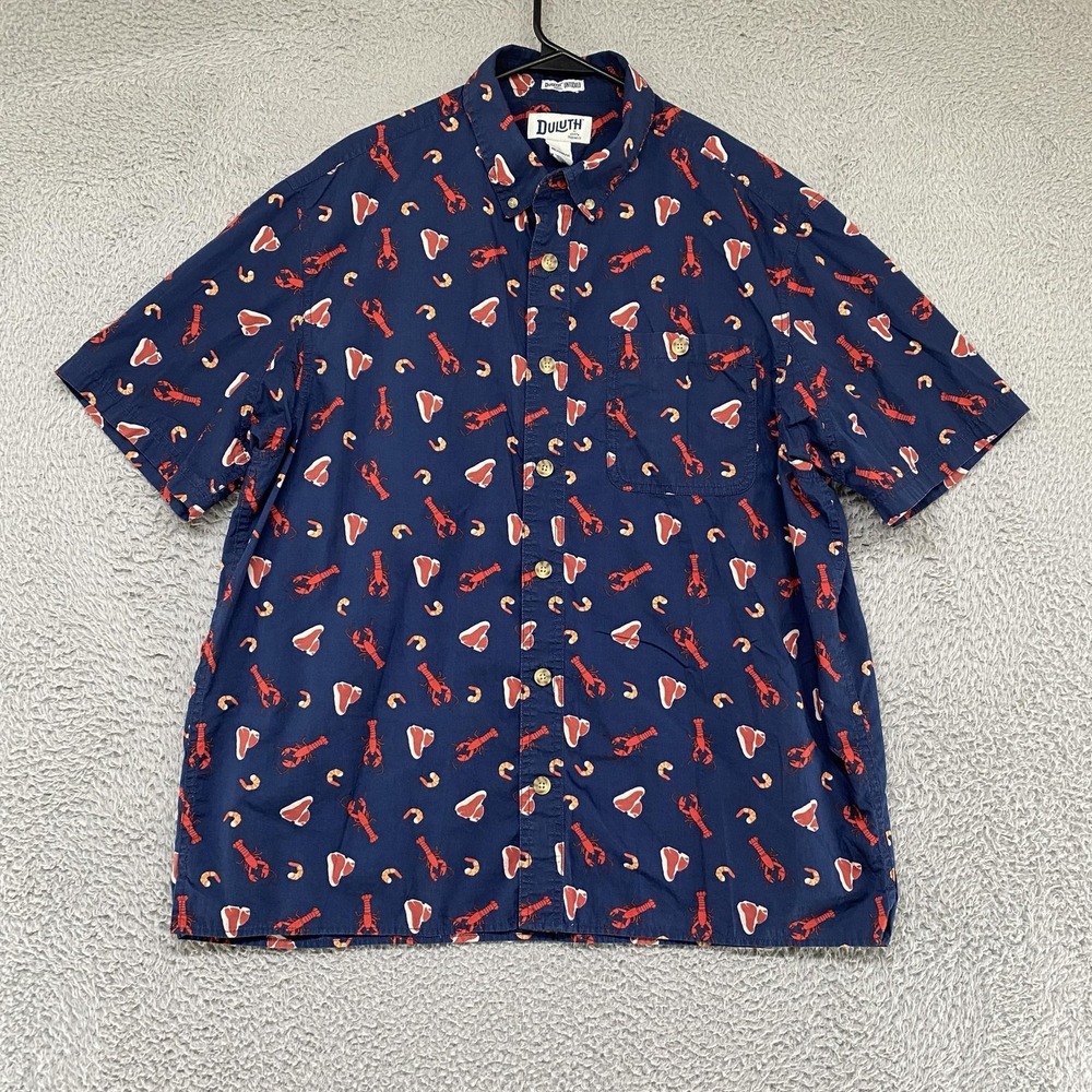 Duluth Trading Co Lobster Steak Shirt Mens Large Surf and Turf Button Up BBQ
